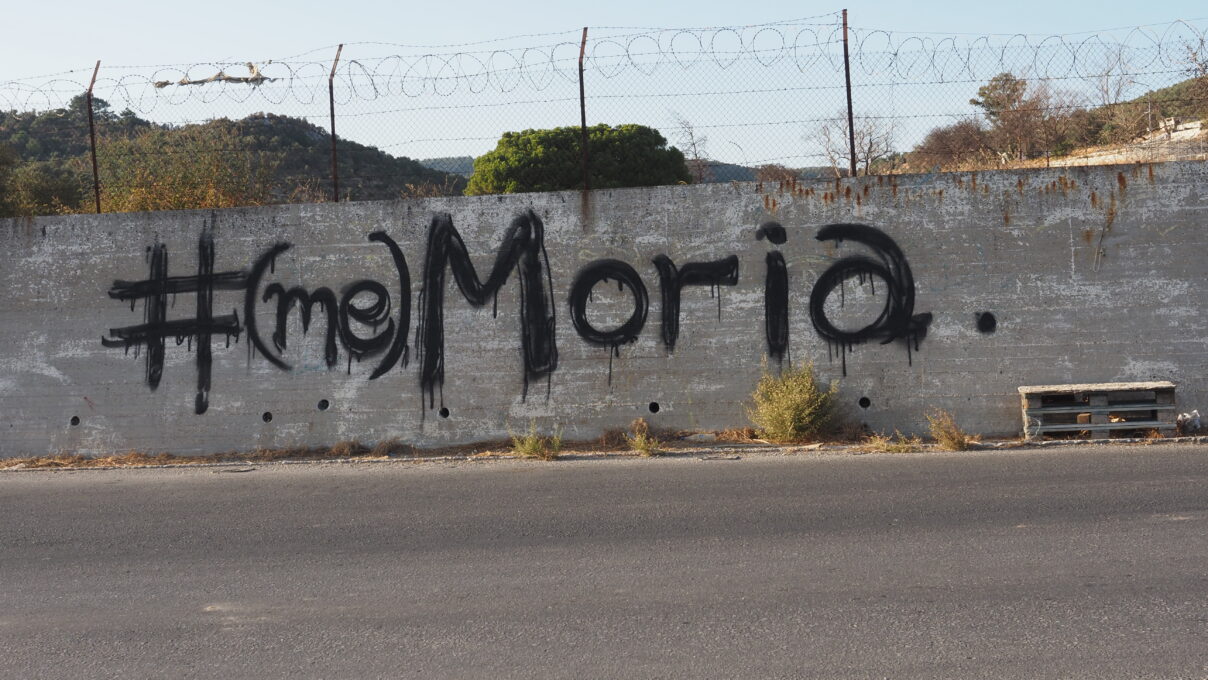 graffiti outside Moria camp in Lesvos following its destruction by fire